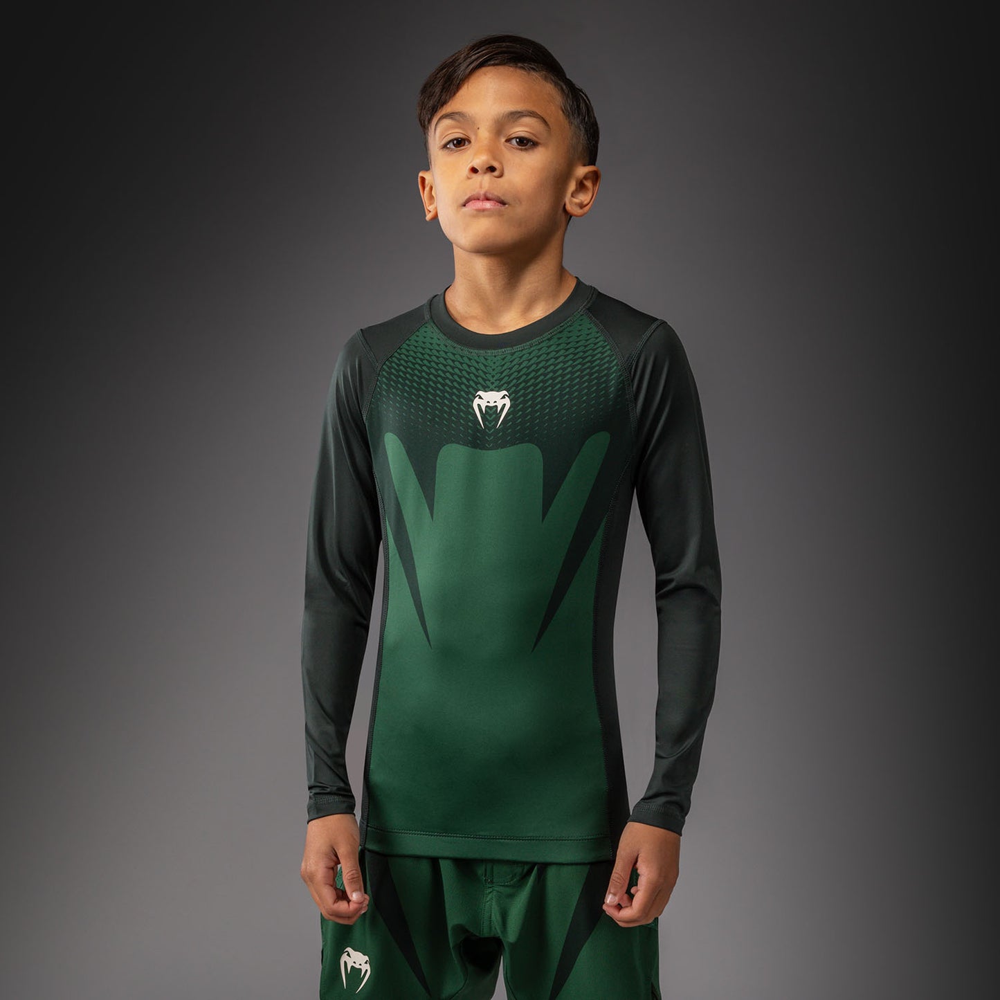 Venum Attack Kids Langarm Rashguard - Waldgrün/Off White