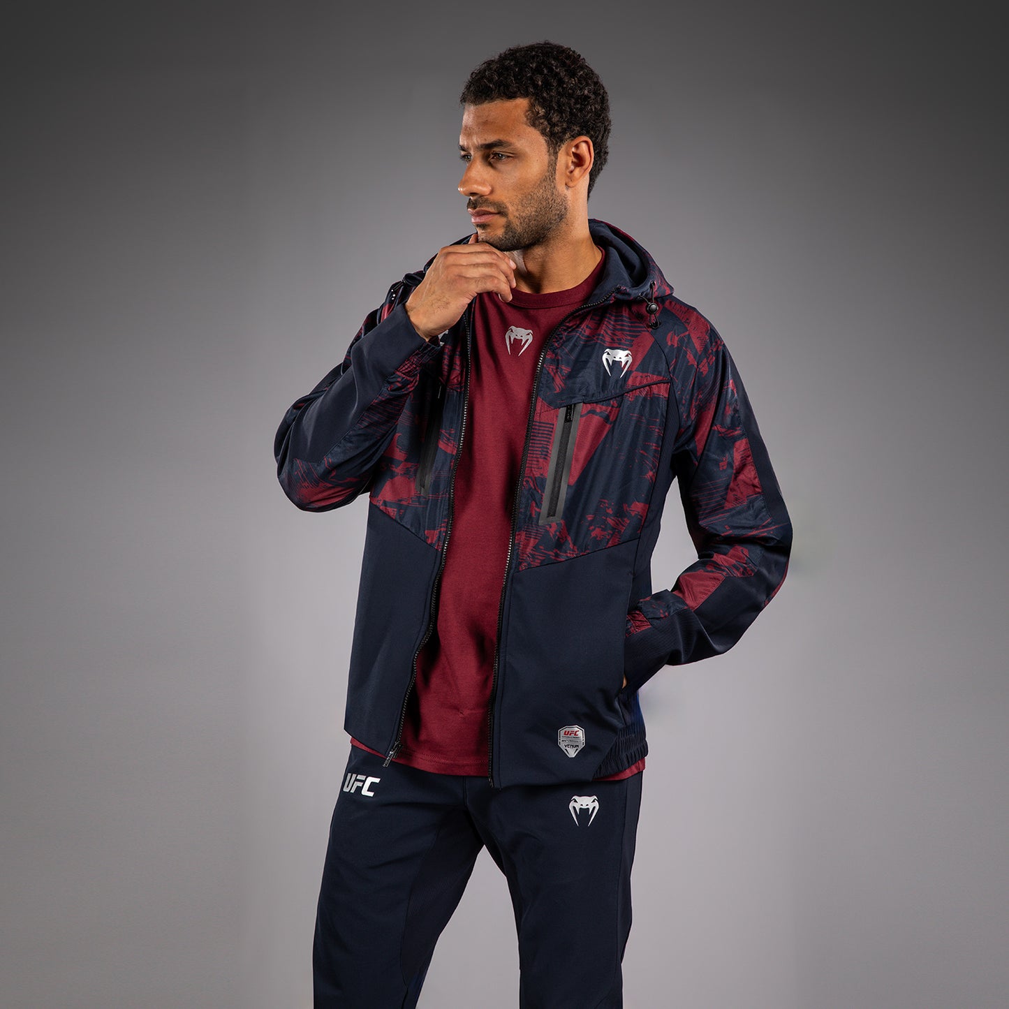 UFC Zenith by Venum Authentic Fight Week Zip Hoodie Herren - Marineblau/Burgunderrot/Silber