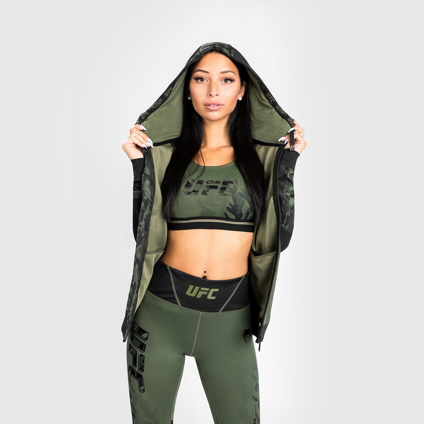 UFC Venum Authentic Fight Week Damen Hoodie mit Reißverschluss - Khaki