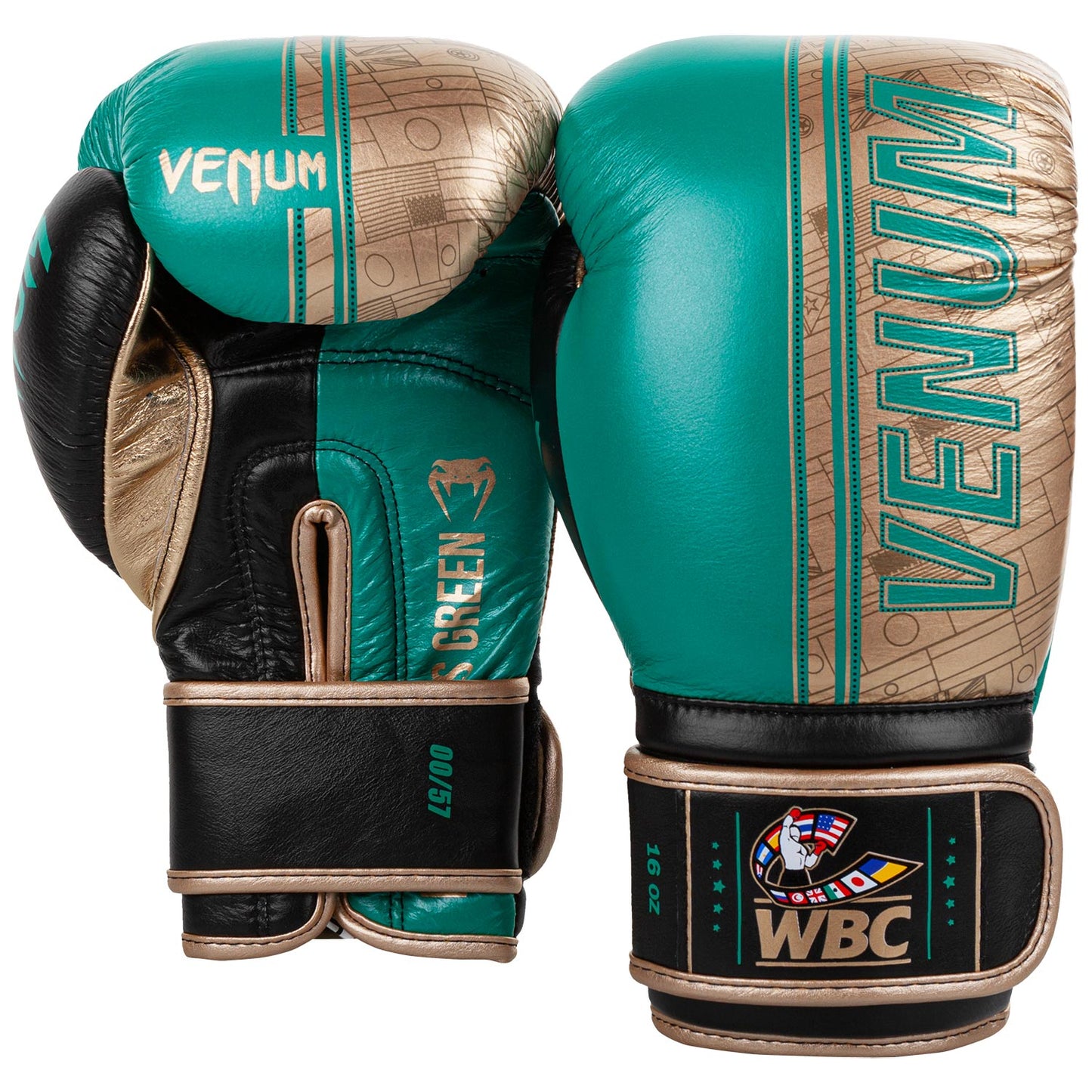 Venum Shield professionelle Boxhandschuhe - WBC limitierte Auflage - Klettverschluss - Metallicgrün/Gold