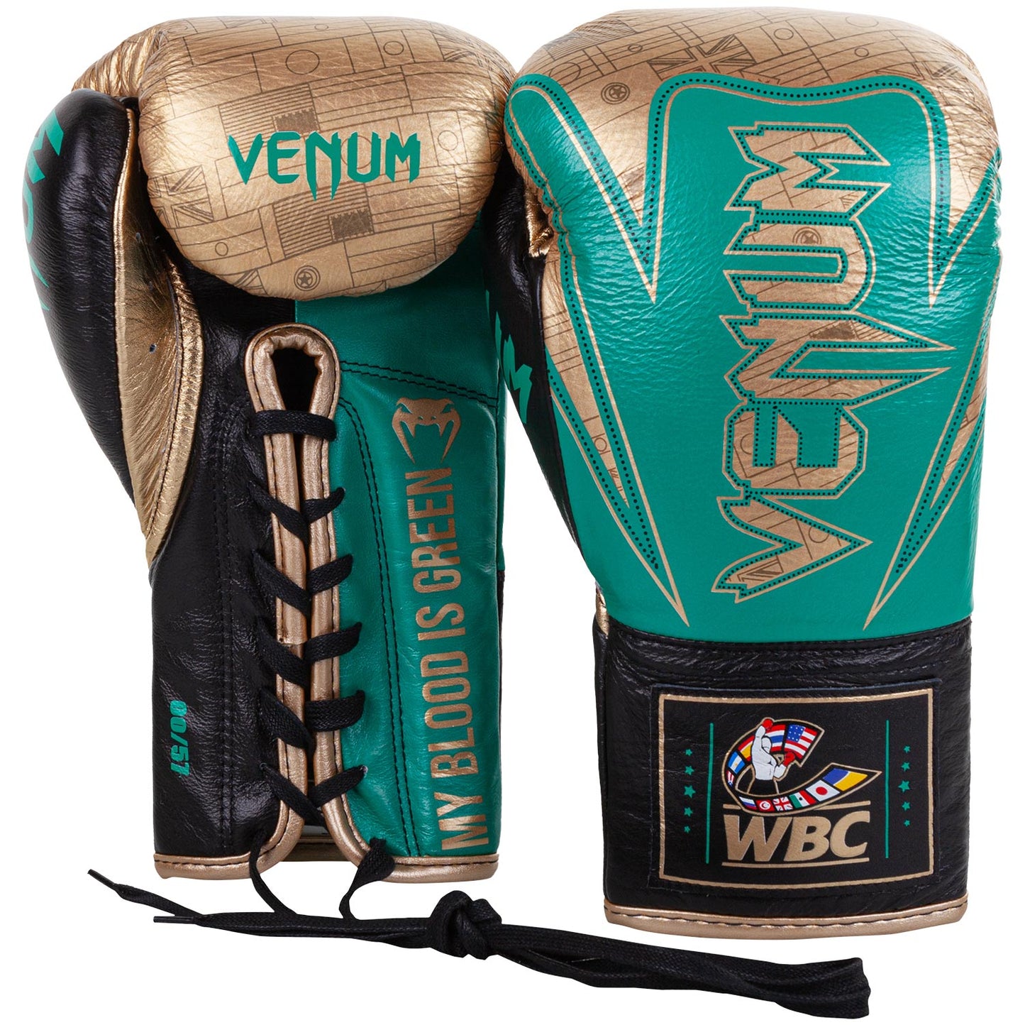 Venum HAMMER professionelle Boxhandschuhe - WBC limitierte Auflage - MIT SCHNÜRUNG - Metallicgrün/Gold